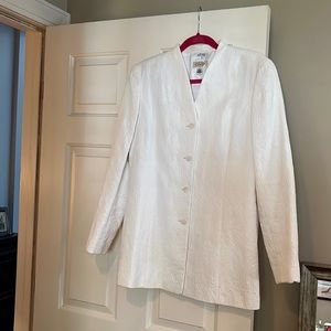 Talbots White jacquard v-neck long jacket ( hits just above the knee).  Size 8.